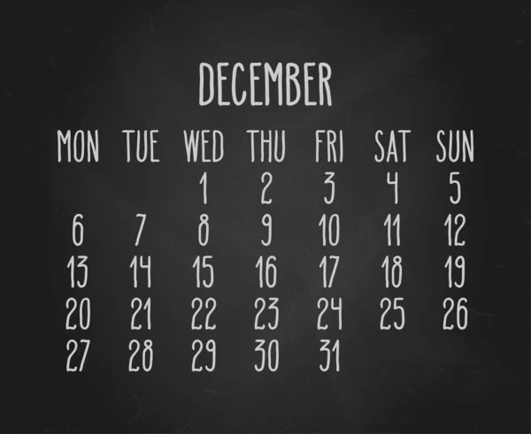 Handgeschriebener Kreidevektorkalender Für Dezember 2021 Über Schwarzem Kreidegrund Woche Montag — Stockvektor
