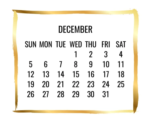 Dezember Jahr 2021 Vektor Monatlichen Goldenen Rahmen Modernen Kalenders Woche — Stockvektor