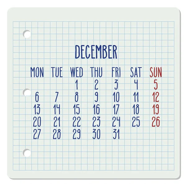 Prosinec Roku 2021 Vektorový Měsíční Kalendář Kostkované Stránce Notebooku Týden — Stockový vektor
