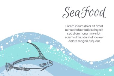 Deniz ürünleri restoranının menü şablonu, el çizimi vektör çizimi. Deniz köpüğündeki balık yemi mavi ve beyaz grafik modeli.