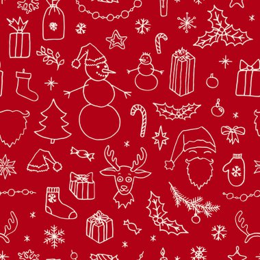 Noel 'de çizilen el kusursuz bir desen çizdi. Noel Baba, ağaç, ren geyiği, kardan adam, kar taneleri, hediyeler, süslemeler, kutsal şeyler ve yıldızlar. Kış tatili kırmızı vektör arkaplan illüstrasyonu.