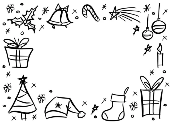 Cadre Noël Traditionnel Dessiné Main Éléments Doodle Épinette Flocons Neige — Image vectorielle