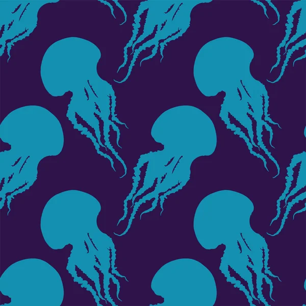 手描きクラゲベクトルシームレスパターン 長い触手のシルエットのダークな背景イラストのブルーメデューサ 海の自然水中生物 — ストックベクタ