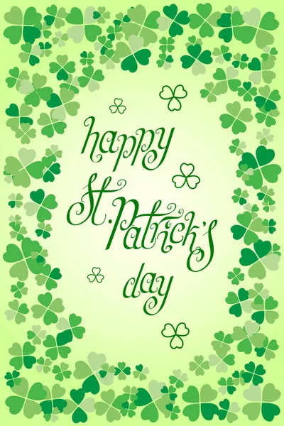 Hand Drawn Patrick Day Greetings Scattered Green Clover Leaves Background — Stock Vector