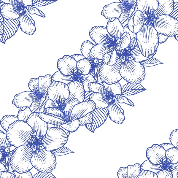 Schöne Nahtlose Monochrom Blumige Blau Weiße Muster Mit Apfelblüten Natur — Stockvektor