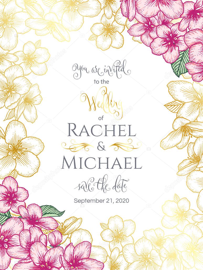 Floral botanical wedding invitation elegant card template with golden and pink apple flowers. Romantic design for greeting card, natural cosmetics, women products. Vector illustration.