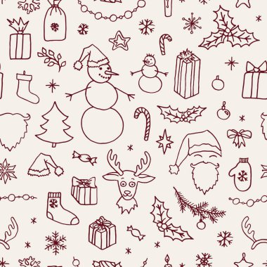 Noel 'de çizilen el kusursuz bir desen çizdi. Noel Baba, ağaç, ren geyiği, kardan adam, kar taneleri, hediyeler, süslemeler, kutsal şeyler ve yıldızlar. Kış tatil vektör arkaplanı illüstrasyonu.