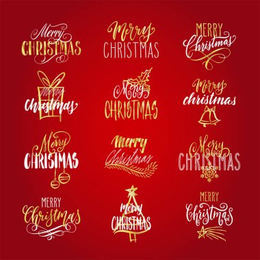 Elle yazılmış Noel selamları, kırmızı yerine altın ve beyaz harflerle yazılmış modern şenlik el yazısı. Tatil sezonu tasarım unsurları vektör illüstrasyonunu ayarla.