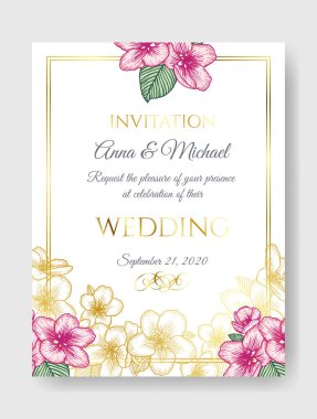 Çiçeksel botanik davetiyesi, altın ve pembe elma çiçekleriyle süslü zarif bir kart şablonu. Tebrik kartı, doğal kozmetik ürünleri, kadın ürünleri için romantik tasarım. Vektör illüstrasyonu.