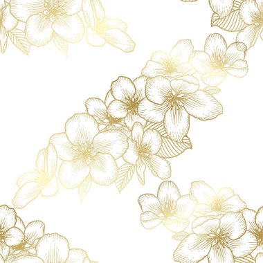 Beyaz üzerinde elma çiçekleri olan güzel, kusursuz çiçek desenleri. Doğanın botanik altın vektör arkaplan çizimi. Stok grafik tasarımı.