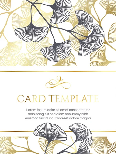 花の植物黄金の結婚式の招待金とモノクロームの銀杏の葉とエレガントなテンプレート 白い上ロマンチックなベクトルフレームグリーティングカードのデザイン — ストックベクタ