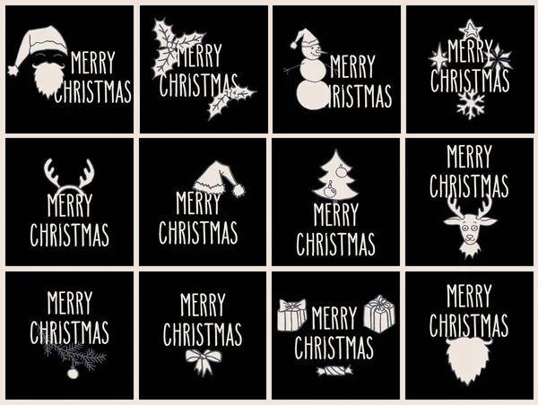 Frohe Weihnachten Handgezeichnete Grußkarten Mit Traditionellen Symbolen Weiß Über Schwarz — Stockvektor