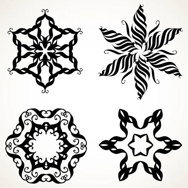 Set Ornate Lacy Doodle Floral Rosettes Black White Backgrounds Mandalas — Stock Vector