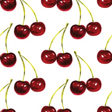 Beyaz üzerine izole edilmiş suluboya kiraz çilekleri ile kusursuz desen. El boyaması tatlı yaz tatlısı arka planı.