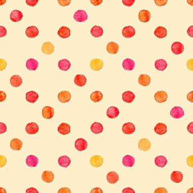 Kusursuz el çizimi kırmızı ve turuncu suluboya desenleri bej rengi arka planda yuvarlak noktalardan yapılmış..