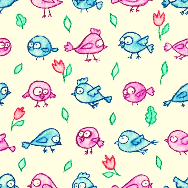 Schattige Vogeltjes Met Hand Getekend Naadloos Patroon Cartoon Achtergrond Met — Stockfoto