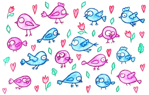 Çiçekleri ve kalpleri olan pembe ve mavi küçük kuşlar. Beyaz arka planda izole edilmiş romantik çizgi film kuşları..