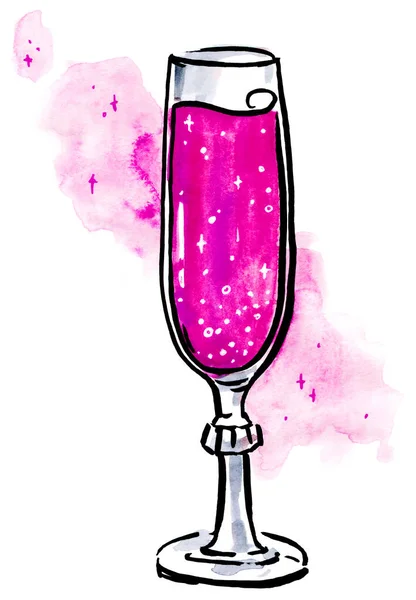 色彩艳丽的粉色香槟长笛杯 配上闪光的葡萄酒 在白色上孤立的笔画风格插图 — 图库照片