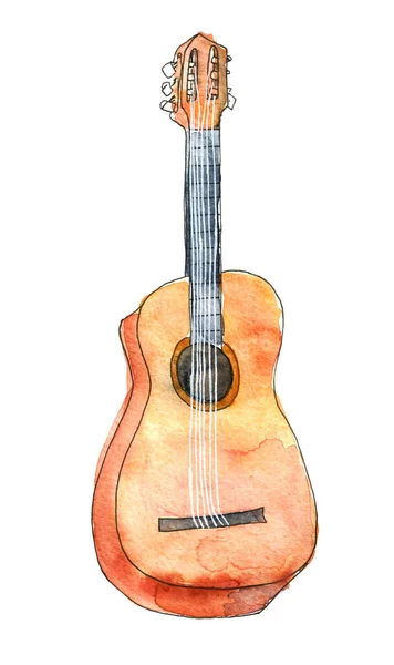 Acoustic Guitar Watercolor Sketch Isolated White Background Drawing Musical Instrument — Stock Photo, Image