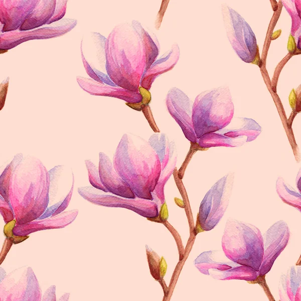 Handgetekende Aquarel Magnolia Tulpenboom Tak Met Roze Bloemen Naadloos Patroon — Stockfoto