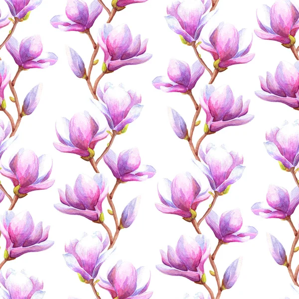 Handgezeichnete Aquarell Nahtlose Musterillustration Der Magnolie Oder Tulpe Zweig Mit — Stockfoto
