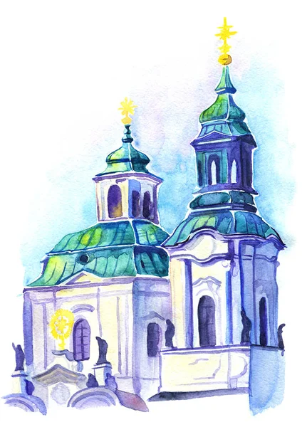 Pintura Aquarela Igreja Europeia Barroca Igreja São Nicolau Praça Cidade — Fotografia de Stock