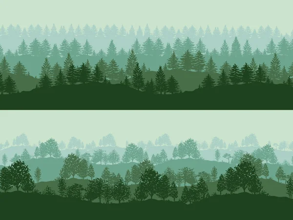 Set Van Schemering Sparren Bos Bomen Groene Silhouetten Achtergronden Illustratie — Stockfoto