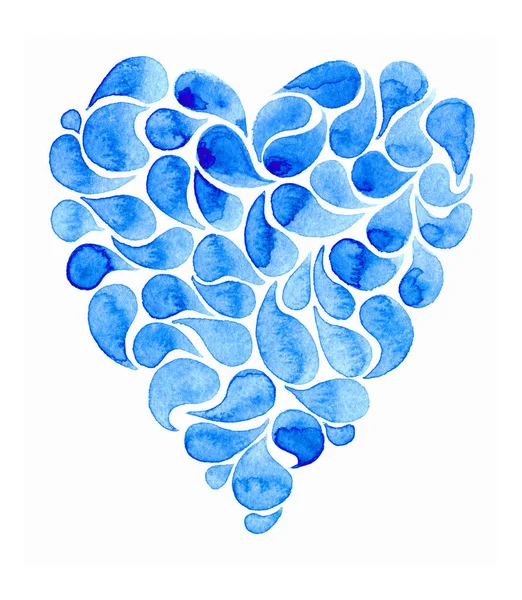 Hand Drawn Watercolor Blue Heart Consisting Liquid Drops Isolated White — Stock Photo, Image