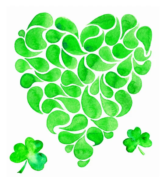 Ornate Green Heart Symbol Shamrock Leaves Isolated White Hand Drawn — Stock Photo, Image