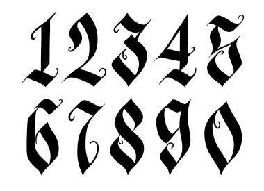 Gotik stil numaraları. Beyaz arkaplanda el yazısıyla yazılmış siyah semboller. Kaligrafi ve harf vektör çizimi. El çizimi ortaçağ fraktur tipi figürler.