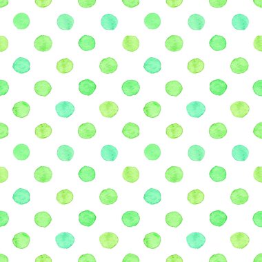 Beyaz üzerine yuvarlak yeşil noktalar çizilmiş kusursuz bir suluboya deseni. Puantiyeli suluboya arka plan.
