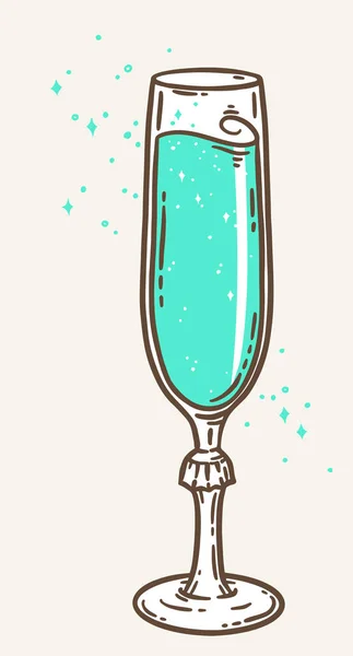 フルートシャンパングラス手描きベクトルイラスト レストランターコイズアルコール飲料お祝いデザイン要素 飲料概要白を背景に隔離されたグラフィック — ストックベクタ