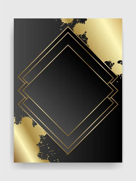 Golden Black Shiny Glowing Blank Frame Gold Paint Splatter Metal — Stock Vector
