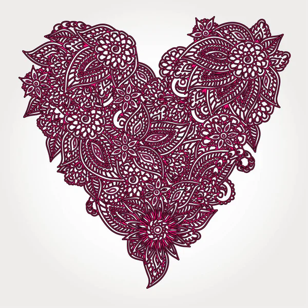 Detailed Hand Drawn Doodle Ornate Pink Heart Isolated White Background — Stock Vector
