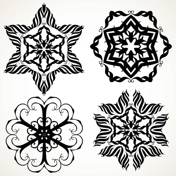 Set Ornate Lacy Doodle Floral Rosettes Black White Backgrounds Mandalas — Stock Vector