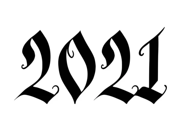 2021 Kézírás Újévi Üdvözlőlapra Fekete Kalligráfiai Számok Gótikus Stílusban Elszigetelt — Stock Vector