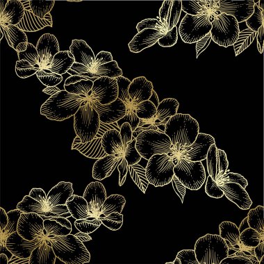 Güzel, altın sarısı, dikişsiz çiçek desenli, siyah üzerine elma çiçeği desenli. Doğanın botanik altın vektör arkaplan çizimi. Stok grafik tasarımı.