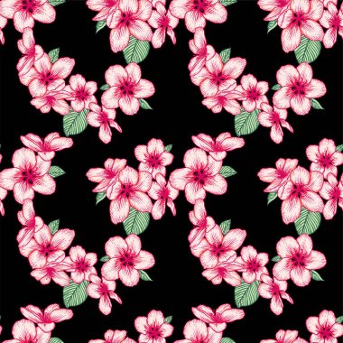 Güzel, pürüzsüz, koyu çiçek desenli, siyah üzerine pembe elma çiçekleri. Doğanın botanik vektör arkaplan çizimi. Stok grafik tasarımı.