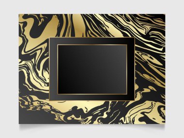 Altın ve siyah parıldayan boş çerçeve. Altın boyalı mermer, metal lüks kenarı var. Vektör arkaplan resimleme şablonu.