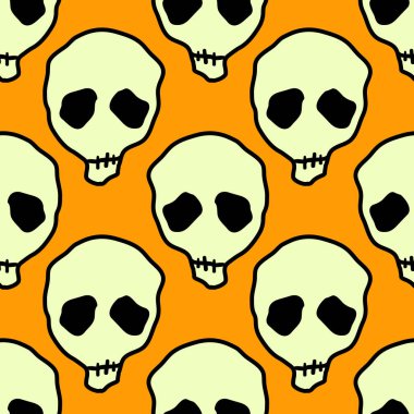 Vektör cadılar bayramı karalama kafatasları kusursuz desen. Parti posteri için tasarım arka planı. El çizimi karikatür çizimi. Turuncu üzerine izole nesneler.