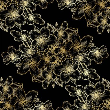 Güzel, altın sarısı, dikişsiz çiçek desenli, siyah üzerine elma çiçeği desenli. Doğanın botanik altın vektör arkaplan çizimi. Stok grafik tasarımı.