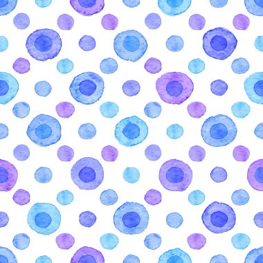 Beyaz üzerine mavi ve mor noktalar çizilmiş kusursuz bir suluboya deseni. Puantiyeli suluboya arka plan.