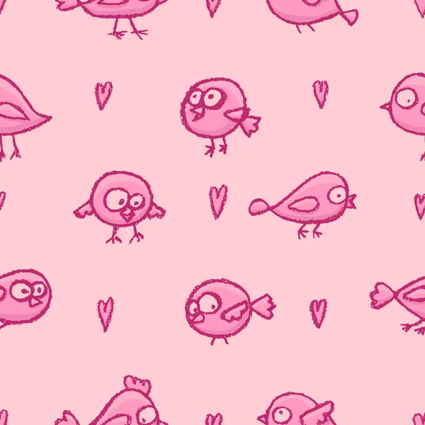 かわいい手描きのロマンチックな鳥のシームレスなパターン 面白い雛や心を持つ漫画のベクトルピンクの背景 愛バレンタイン壁紙 — ストックベクタ
