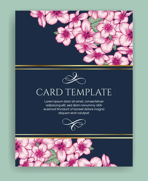 Vector Botanical Floral Wedding Invitation Dark Blue Elegant Card Template — Stock Vector