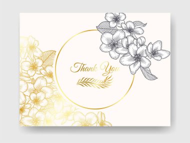 Çiçeksel botanik altın düğün davetiyesi. Altın ve tek renkli elma çiçekleriyle süslü zarif bir kart şablonu. Romantik bahar vektör çerçevesi tebrik kartı tasarımı.