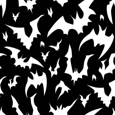 Uçan yarasalar Cadılar Bayramı 'nda siyah-beyaz desenler çiziyor. Parti posteri için tasarım arka planı. El çizimi karikatür çizimi.