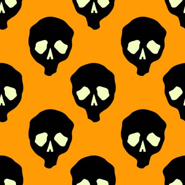 Vektör cadılar bayramı karalama kafatasları kusursuz desen. Parti posteri için tasarım arka planı. El çizimi karikatür çizimi. Turuncu üzerine izole nesneler.