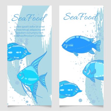 Deniz ürünleri restoranının menü şablonu, el çizimi vektör çizimi. Deniz köpüğündeki balık yemi. Mavi ve beyaz renkli grafik..