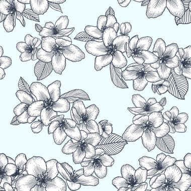 Gri elma çiçekli, kusursuz, tek renkli çiçek deseni. Doğanın botanik vektör arkaplan çizimi. Stok grafik tasarımı.