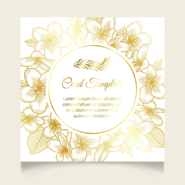 花の植物の結婚式の招待状リンゴの花とエレガントなカードテンプレート グリーティングカード 天然化粧品 女性の製品のためのロマンチックなデザイン 白い上に金色のベクトルイラスト — ストックベクタ